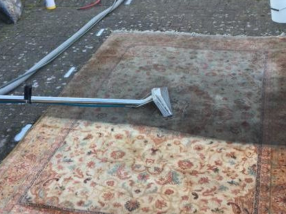 This is a photo of a floral rug that is being steam cleaned. The bottom half has been completed and the top half is being done works carried out by Beddington Carpet Cleaning